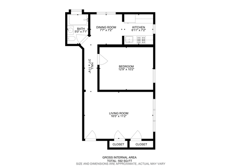 Floor plan for 1 bed, 1 bath, 650 sqft
